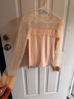 SHEIN Peach Pearl-Embellished Sheer Sleeve Blouse